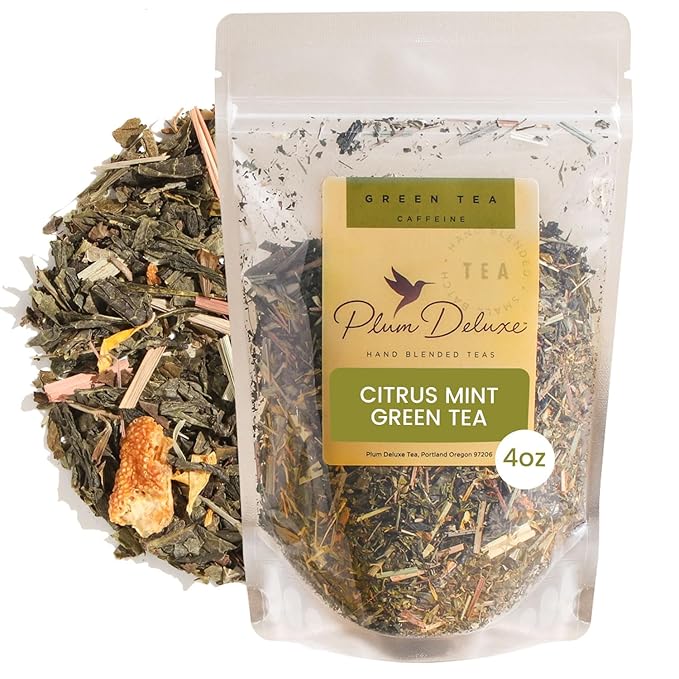 Citrus Mint Green Tea – Refreshing Loose Leaf Blend with Green Tea Orange Lemon Lemongrass and Spearmint – Low Caffeine – Hot or Iced – 60 to 80 Cups – No Added Sugar – Hand Crafted in USA - Plum D
