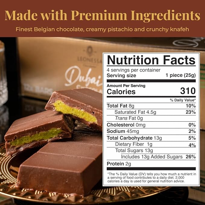Leonessa Dubai Chocolate Bar Pistachio Kit – Premium Dubai Chocolate Bar with Pistachio – Rich Flavor &amp Creamy Texture - 3.5 Oz Pack of 2