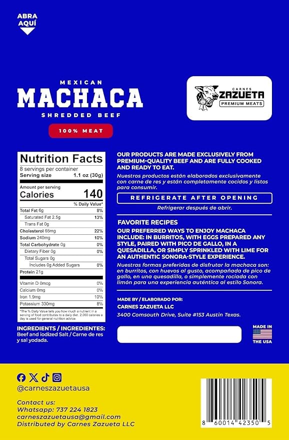 Carne Seca MACHACA Sonora Style Dried Meat Shredded Beef Jerky (8.8 oz (250g))