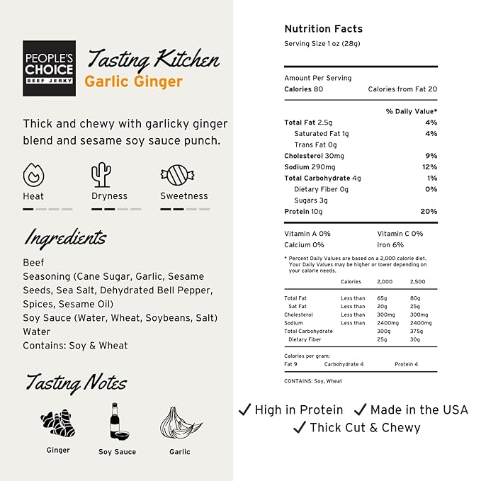 People’s Choice Beef Jerky – Tasting Kitchen – Garlic Ginger – Sweet &amp Savory – 10g Protein – Made in USA – 1 Pound (16 oz) Bag
