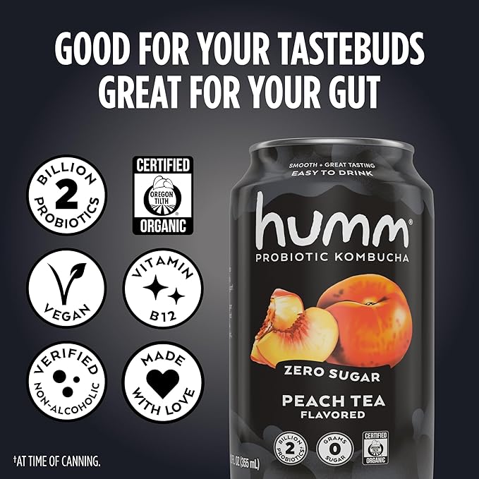 Humm Probiotic Kombucha Zero Sugar Peach Tea No Refrigeration Needed Keto Friendly Organic Vegan Gluten Free 12oz Cans (8 Pack)