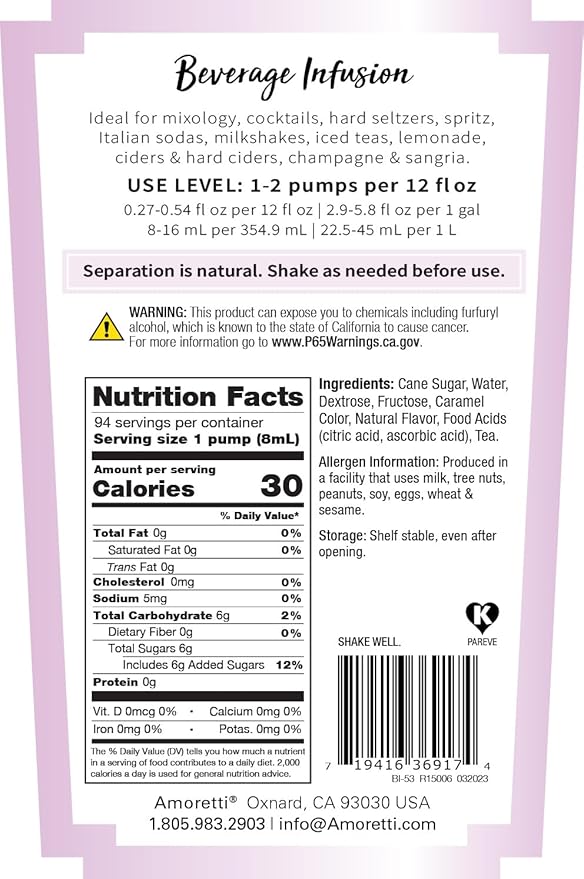 Amoretti - Jasmine Tea Beverage Infusion - Drink Mix &amp Water Enhancer with Pump for Flavoring Cocktails Waters Teas and other Beverages 94 Servings Per Bottle (750 ml) Preservative Free