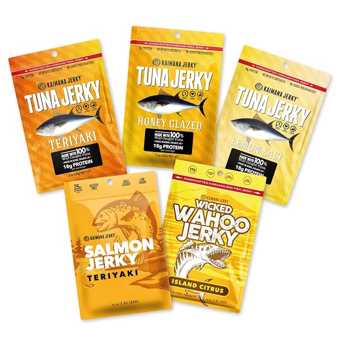 Kaimana Jerky Variety Pack - Ahi Tuna Salmon &amp Wahoo Ono Fish Jerky - Sweet Flavors All-Natural Wild-Caught Protein-Packed Omega-3 Rich - Made in Hawaii - 5 Bags Great Gift for Dad