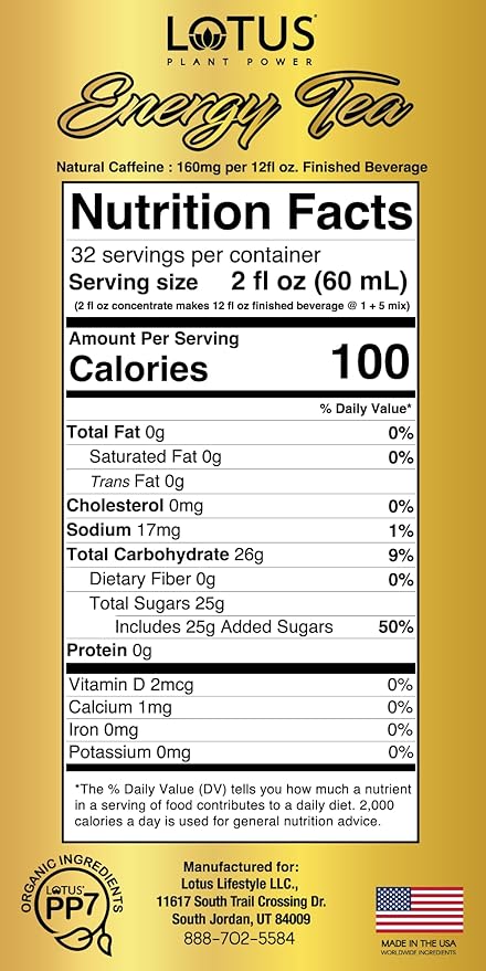 Lotus Energy Tea (Sweetened) | Cane Sugar| 1:5 | Natural Caffeine from Green Coffee Bean | Brewed Black Tea Concentrate