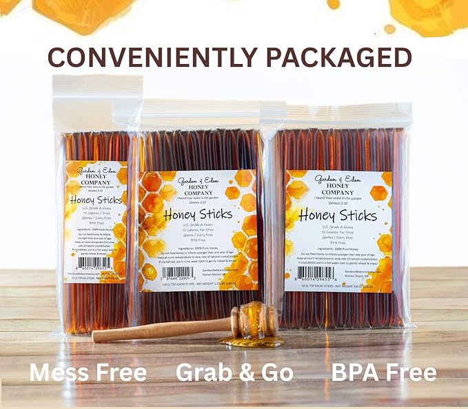 Garden of Eden Honey Company Pure Honey Sticks (100-Count) | Individual Natural Sweetener Straws for Tea &amp Coffee | Single-Serve Packets | Easter Basket gift