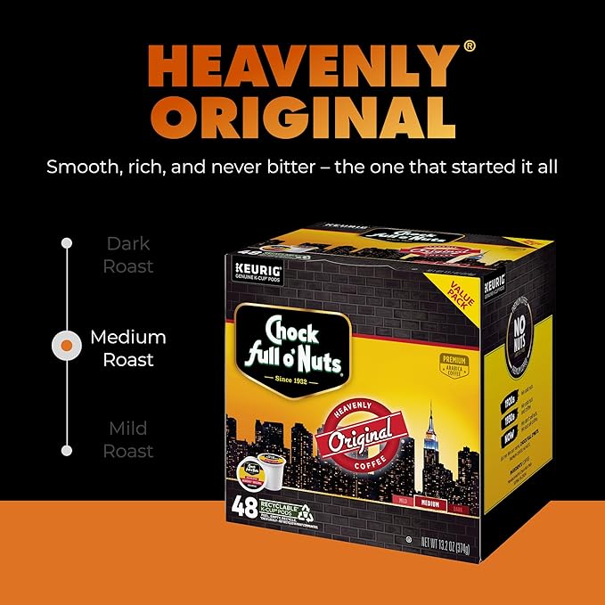 Chock Full o' Nuts Heavenly Original Keurig K-Cup Pods for Keurig Brewers – Premium Arabica Medium Roast – Single Serve – 1 Pack of 48 K-Cup Pods
