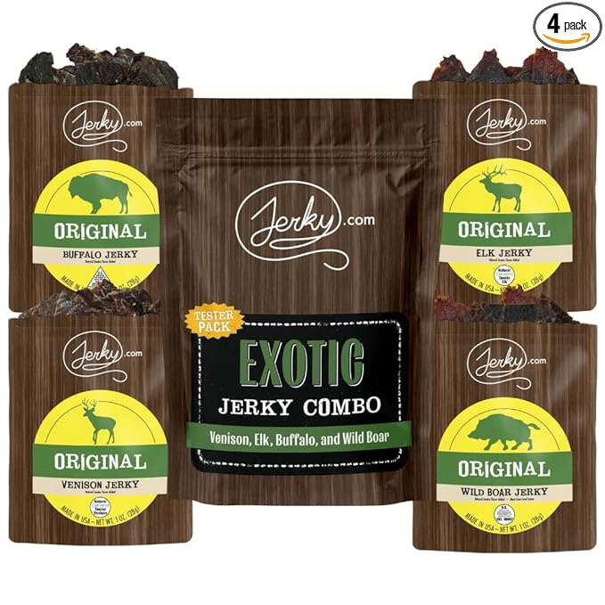 Jerky.com Exotic Jerky Variety Pack | 4pc Wild Game Snacks Sampler with Venison Elk Buffalo &amp Wild Boar | High Protein Keto Exotic Jerky Gifts for Men | Gifts for Men &amp Hunters