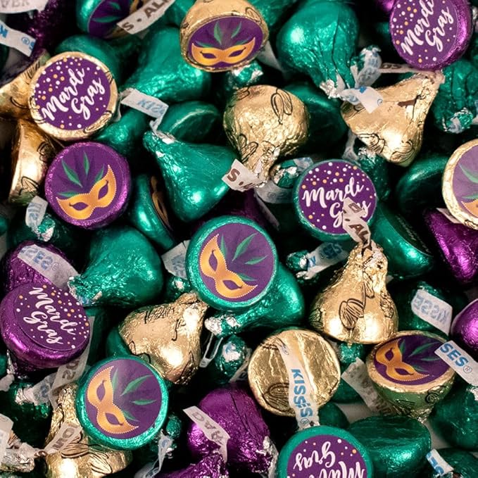 85ct Mardi Gras Stickered Chocolate Kisses in Purple Green &amp Gold Foils Festive Wrapped Chocolates for Party Favors Candy Buffets Parades &amp Celebrations