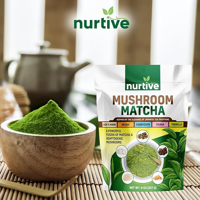 Nurtive Mushroom Matcha Powder - Harmonious Blend of Ceremonial Matcha and Adaptogenic Mushrooms Including Lion's Mane Reishi Cordyceps Chaga and Tremella (8oz / 227g)