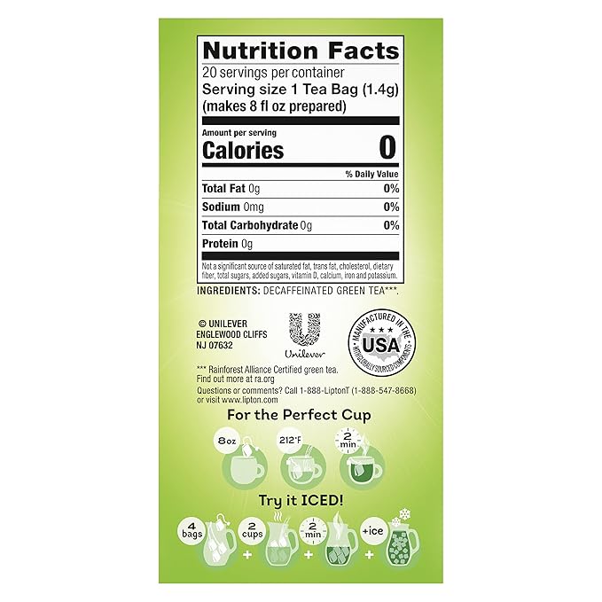 Lipton Decaffeinated Green Tea Bags Hot or Iced Can Support Heart Health 20 Tea Bags (Pack of 6)