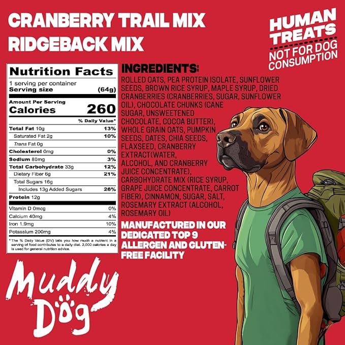 Muddy Dog Human Treats - Ridgeback Trail Mix - Cranberry Chocolate Energy Bar - Gluten-Free Nut-Free Granola Bars (12 Pack)