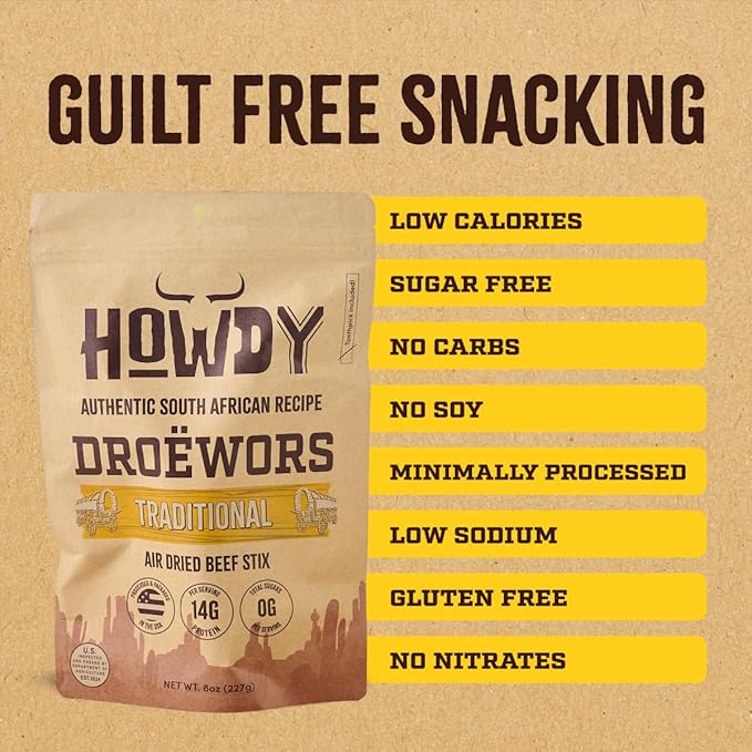 Howdysnax Handcraft Authentic Small Batch Droëwors Beef Sticks Sugar Free Soy Free Paleo &amp Keto Friendly Snack (Two 8oz Packs)