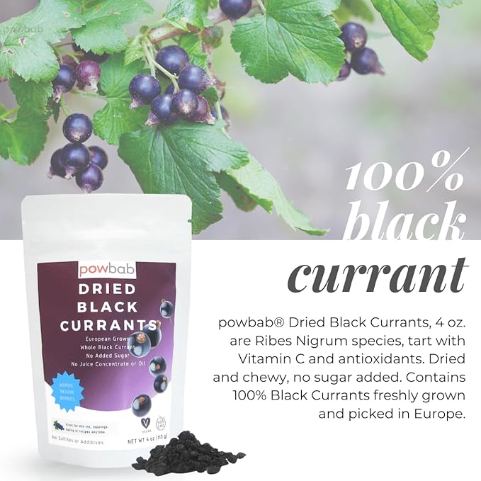 powbab Dried Black Currants (4 oz) 100% Unsweetened Currants Dried Fruit Ribes Nigrum. Nordic European Grown Dried Currants for Baking. No Added Sugar No Oil No Juice Concentrate. Not Zante Currants