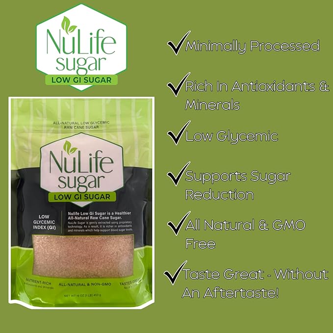 NuLife Low GI Sugar 1 Pound Bag All-Natural Low Glycemic Raw Sugar Cane (4 Pounds)