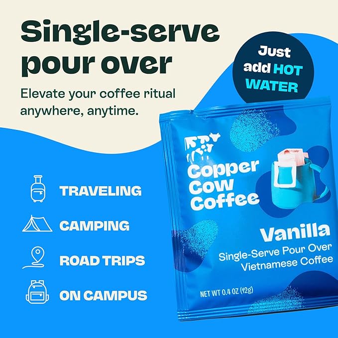 Copper Cow Coffee Premium Pour Over Single-Serve Vietnamese Coffee Pouches (24 pack) | Vanilla | Dark Roast | Flavored with Vanilla Beans | Convenient Vietnamese Ground Coffee Packets Travel Friendly