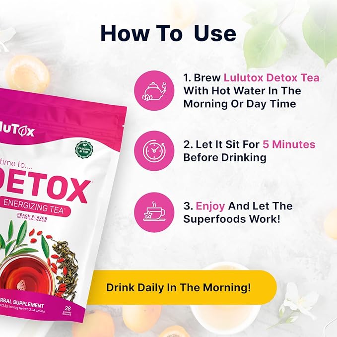 LULUTOX Detox Tea - Herbal Blend with Dandelion Ginseng and Ginger - Supports A Healthy Weight Digestive Health - Vegan All Natural Laxative-Free - Peach Flavor (3 Pack x 28 Servings)