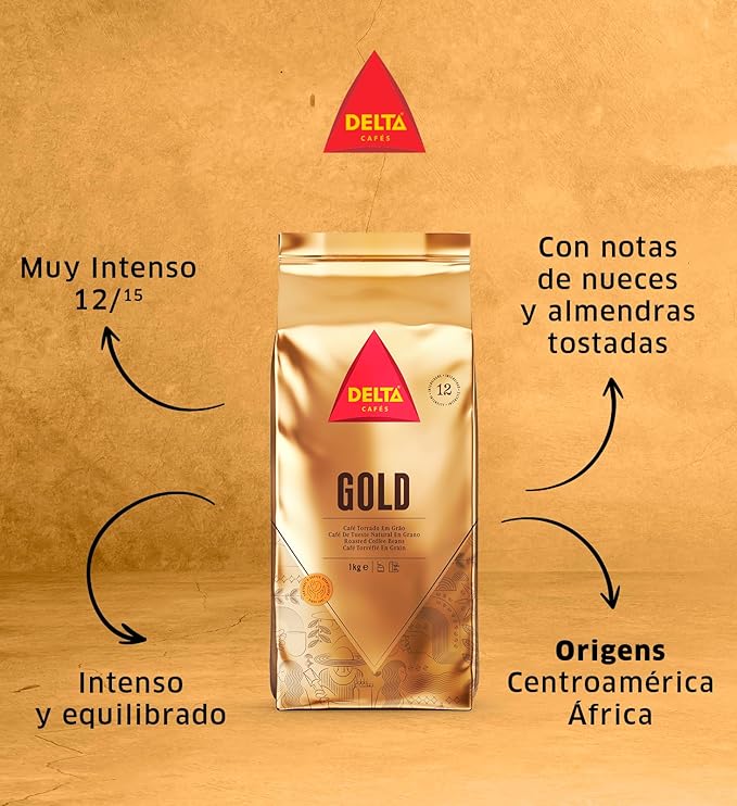 Delta Cafés Gold Whole Bean Coffee 1kg/35.2oz Intensity 12 Arabica Roasted - Cereal and Popcorn NotesNaturally Roasted Espresso Beans
