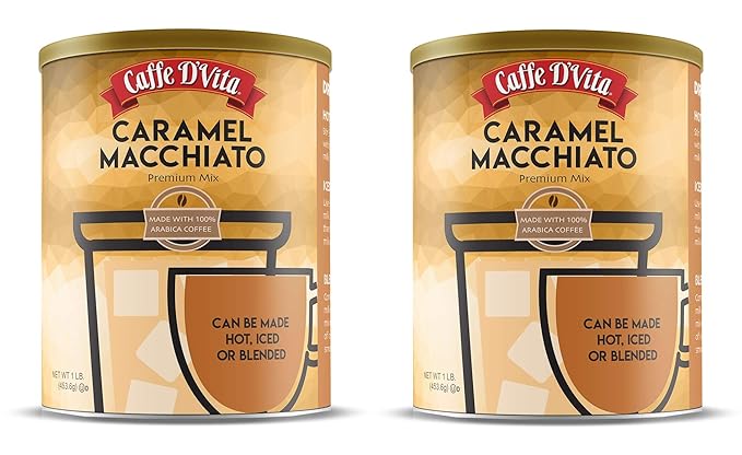 Caffe D'Vita Caramel Macchiato Coffee - Caramel Instant Coffee Latte Mix Gluten Free No Cholesterol No Hydrogenated Oils Kosher-Dairy - 1 Lb Can 2-Pack
