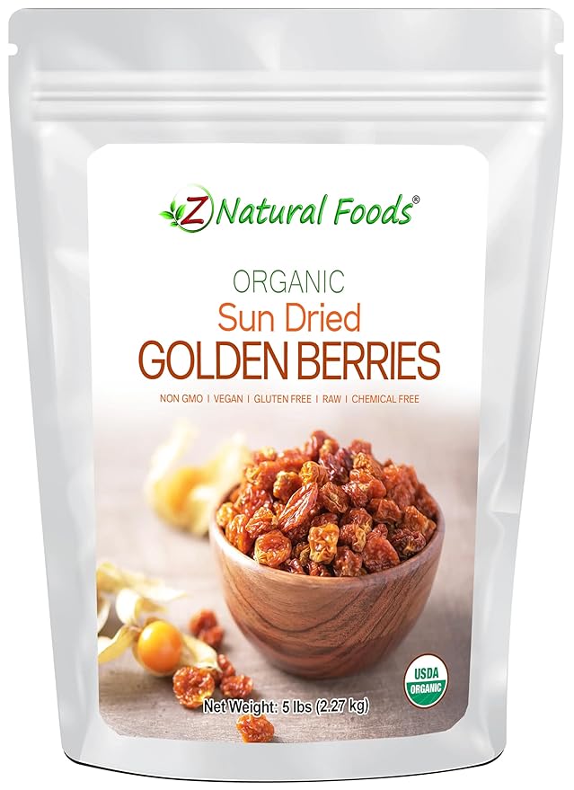 Sun Dried Organic Golden Berries - Gooseberries - No Sugar Added - Add To Yogurt Salad Trail Mix Snacks - Raw Vegan Non GMO Gluten Free Kosher - Bulk 5 lb Size