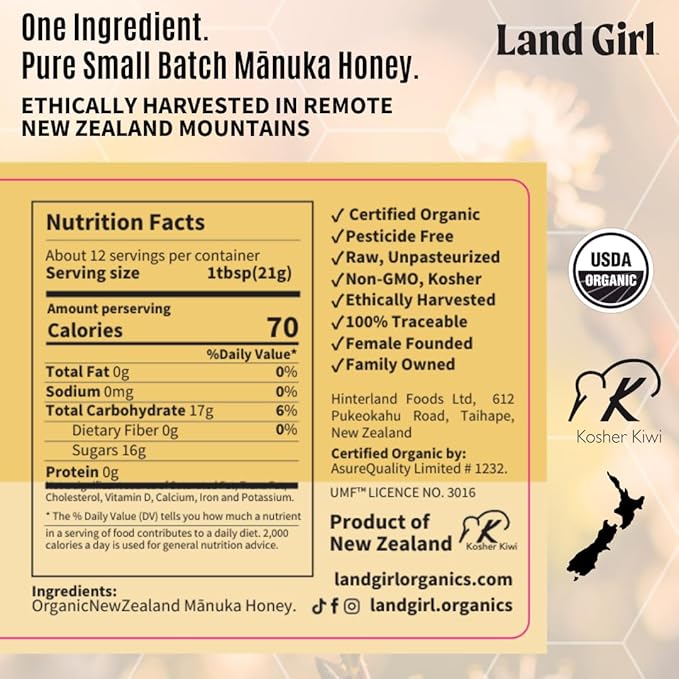 Land Girl Organics New Zealand Raw Premium Manuka Honey | Monofloral USDA Certified Organic Superfood UMF 5+ MGO 100+ Hive to Hand 8.8 oz Glass Jar