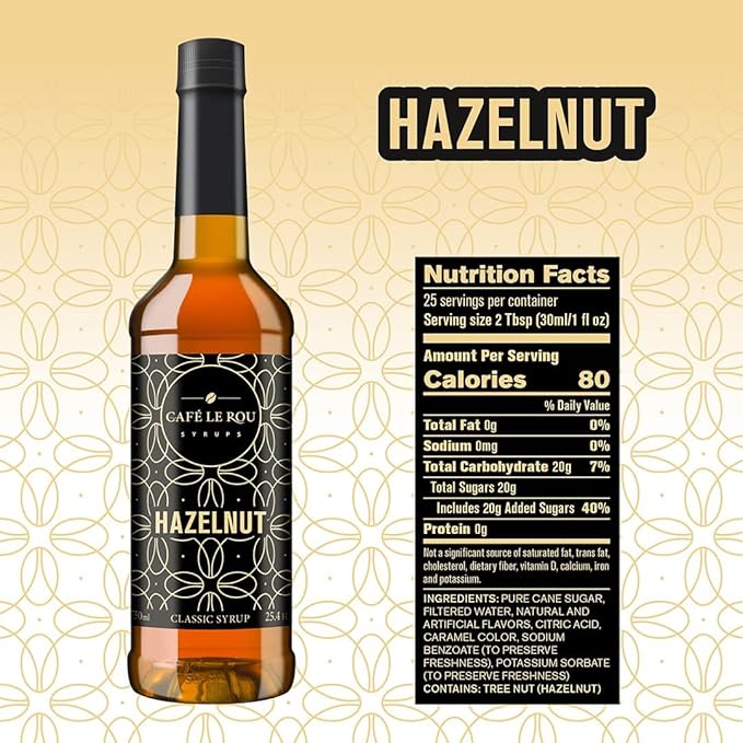 NEW Café Le Rou Variety 25.4oz Vanilla French Vanilla Caramel Hazelnut (Variety 4-pack) *Includes 4 Coffee Syrup Dispensers for Coffee Tea and Espresso