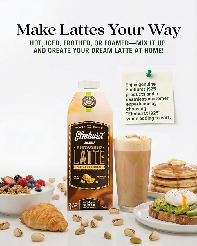 Elmhurst 1925 Pistachio Crème Latte – Plant-Based Vegan Dairy-Free Plant Milk Latte Made of Pistachio Milk Cold Brew Premium Arabica with 95mg Caffeine &amp Sweet Cream Notes – 25.4oz (Pack of 6)