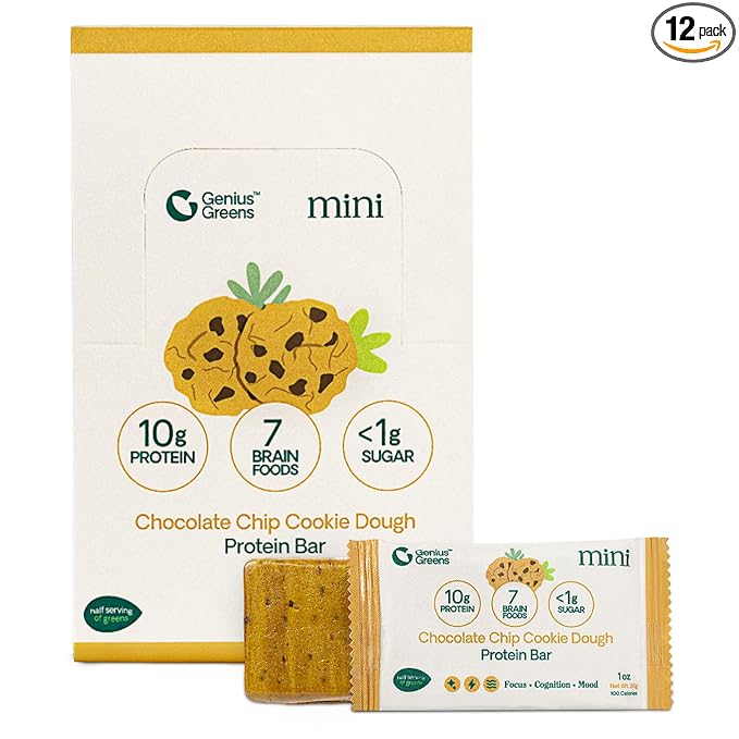 GENIUS GREENS High Protein Bars Low Sugar - Less than 1g of Sugar Protein Bars Low Carb Gluten Free - 36% Protein (10g) - 7 Brain Foods - Support Brain Health - Memory - Focus - Contains Lions Mane