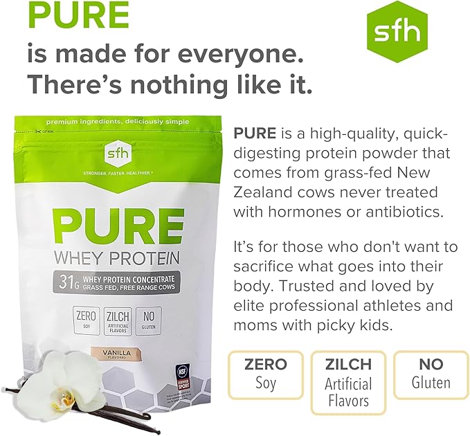 SFH Grass Fed Whey Protein Powder | Natural Whey Protein Concentrate | Non-GMO Soy-Free No Artificial Flavors | Protein Powder for Muscle &amp Recovery | Vanilla | Pack of 1