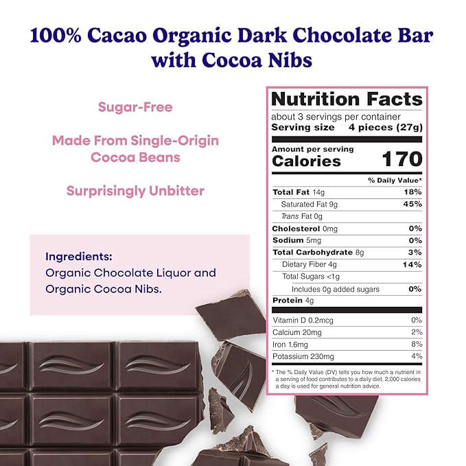 Pascha Organic Chocolate Bars Gluten Free Non GMO 2.82 Oz Pack of 10 Sugar Free Dark 100% Cacao with Cocoa Nibs
