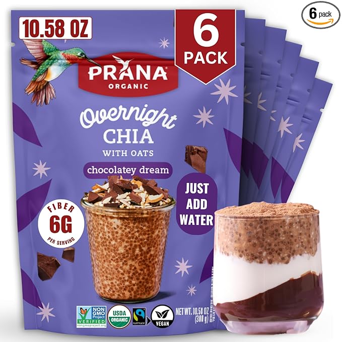 Prana Organic Overnight Chia with Oats Chocolatey Dream | Rich in Fiber &amp Protein Vegan Non-GMO | Fairtrade Chia Pudding - 10.58 oz - 6 Pack
