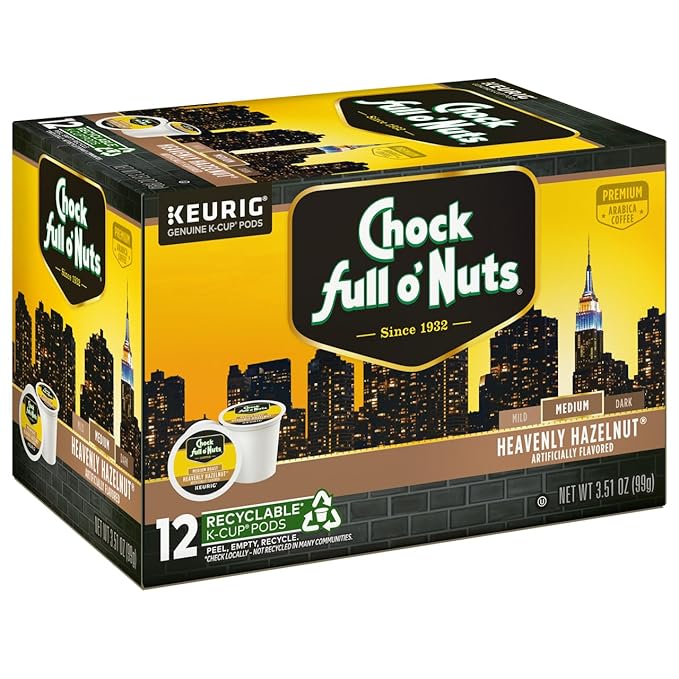 Chock Full o'Nuts Heavenly Hazelnut Coffee Compatible with K-Cup Pods 12 CT (Pack of 2)