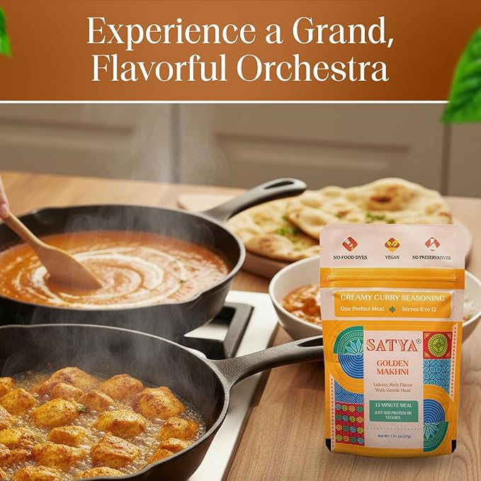 Satya Butter Chicken Creamy Curry Seasoning Mix Powder 1.31 oz Sachets (Pack of 5-185gm) – Golden Makhni Curry Masala for Protein Chicken &amp Vegetables - Vegan Gluten &amp Dye Free Low Sodium I
