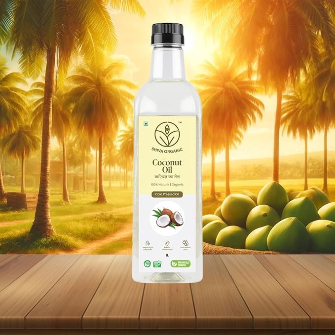 Shiva Organic Cold-Pressed Coconut Oil - 100% Natural Certified Organic - 1L (33.8 fl oz) for Cooking Beauty and Holistic Wellness