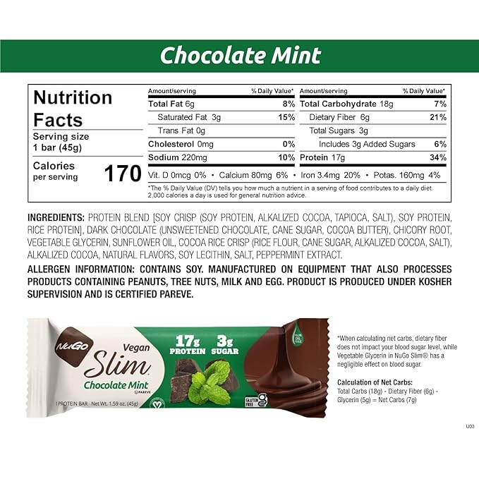 NuGo Slim Dark Chocolate Mint 17g Vegan Protein 3g Sugar 6g Fiber Low Net Carb Keto Friendly Gluten Free 12 Count