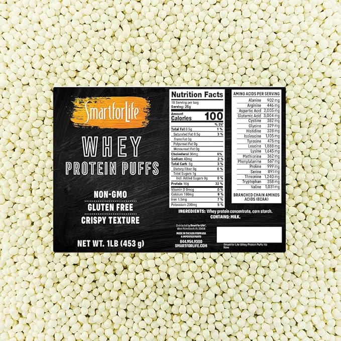 Smart for Life Whey Protein Puffs - High Protein Zero Sugar Whey Protein Isolate Puffs 1LB - 18 Grams Protein Snacks Bulk - Non-GMO Gluten-Free - 1LB Bag