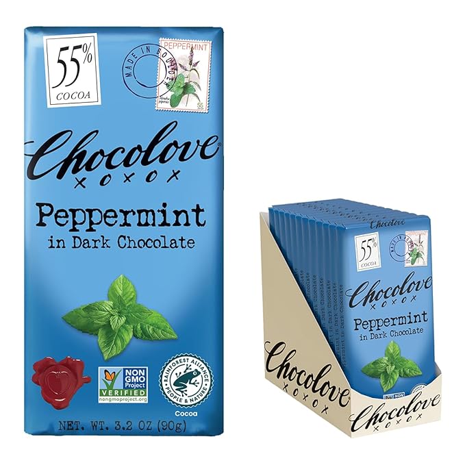 Chocolove Peppermint Dark Chocolate Bars | 55% Cocoa | Crafted in Semi-sweet Premium Chocolate | Non GMO Rainforest Alliance Certified 3.2oz Bar (12 Pack)