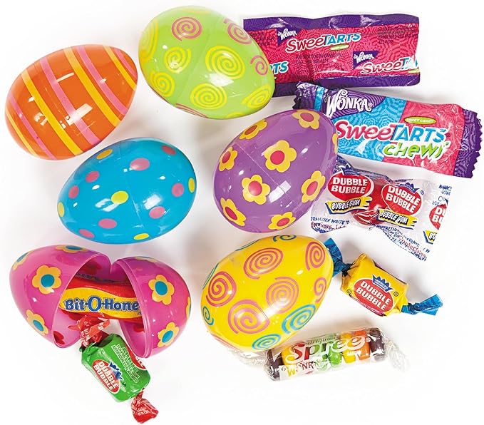 Fun Express Candy Filled Easter Eggs Bulk 24 Pack - Pre-Filled Plastic Eggs with Assorted Sweet Treats for Easter Egg Hunt | Colorful Spring Party Supplies for Kids &amp Family Celebrations