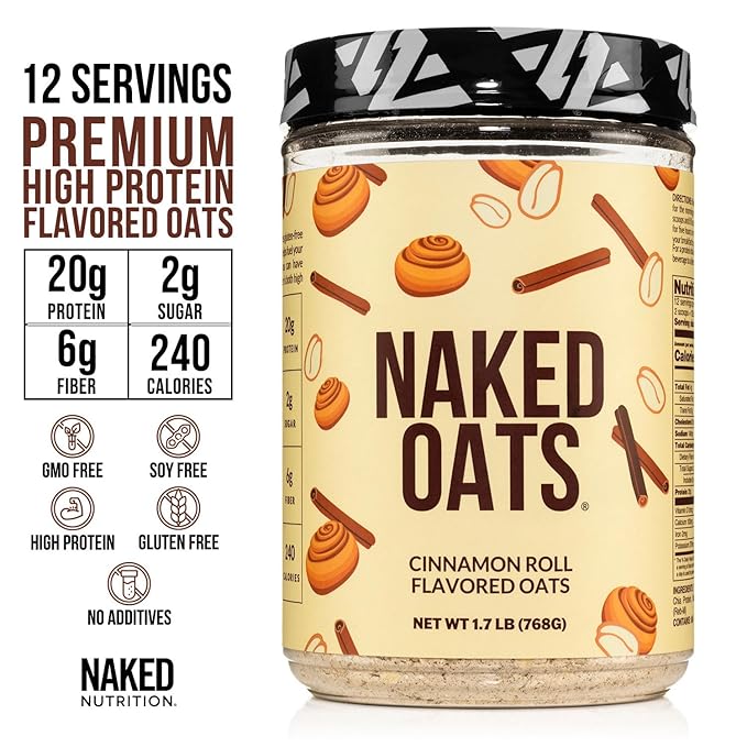 Naked Oats - Cinnamon Overnight Oats 20g Whey Protein Gluten-Free Oatmeal Instant Breakfast or Shake High Protein Oatmeal High Fiber Breakfast Shake Non GMO No Soy - 12 Servings
