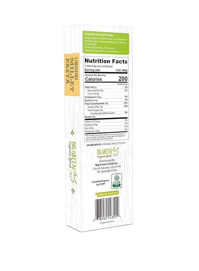 Big Green Organic Food- Organic Millet Linguine Gluten-Free Lectin-Free Non-GMO Vegan Wheat and Rice Alternative 8.8oz (6 Pack)