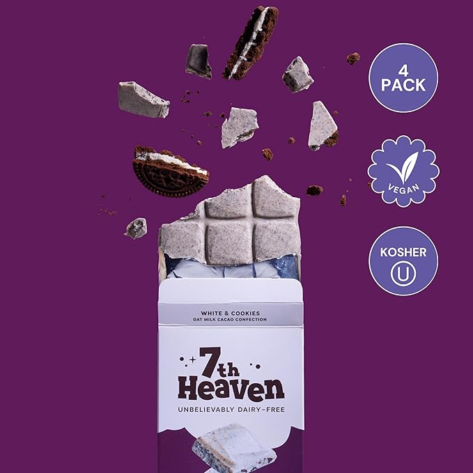 7th Heaven Vegan Oat Milk Chocolate Bars: White &amp Cookies - (3.5 oz - 4 Pack) Healthy Chocolate Perfect Valentines Gift For Your Loved Ones 100% Dairy Free Non GMO Kosher Parve Cruelty Free