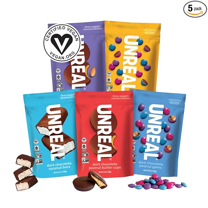 UNREAL Vegan Variety Pack (5 Bag Sampler) | Less Sugar Fair Trade Non-GMO Ingredients with no Corn Syrup or Sugar Alcohols No Soy