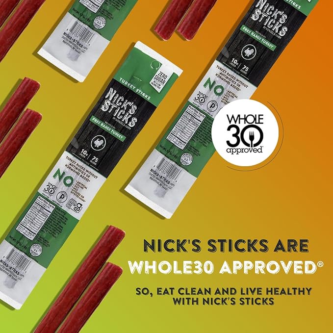 Nick's Sticks Clean &amp Balanced Free Range Turkey Snack Sticks | Made in the USA | Gluten Free | Paleo Keto Whole30 Approved | No Soy Antibiotics or Hormones (25– 1.7oz. Packs of 2 Sticks)
