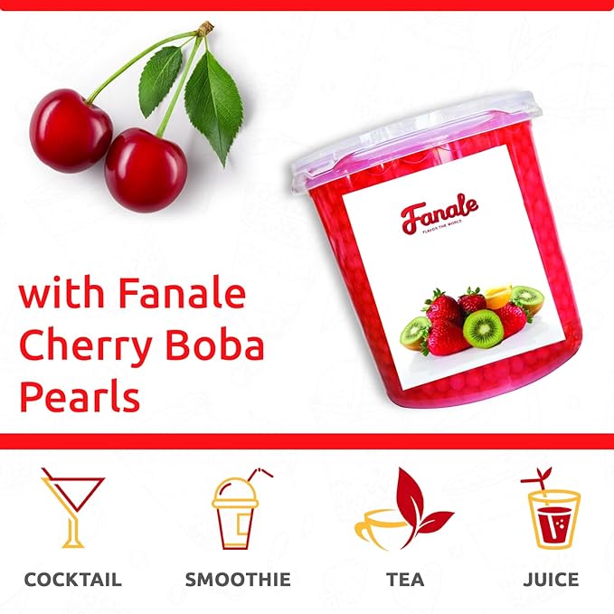Fanale Cherry Popping Boba Pearls Vegan Non GMO Gluten Free Fat Free Perfect for Bubble Tea Smoothies Ice Cream Desserts and Beverages.