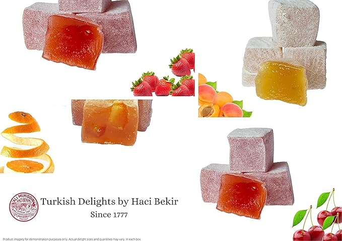 Turkish Delight by Haci Bekir - Assorted Juicy Fruit Flavors (Cherry Strawberry Apricot Orange) – Vegan Gluten-Free Halal and Dairy-Free Gummy Candy Dessert - 325GR/11.5OZ Gourmet Box