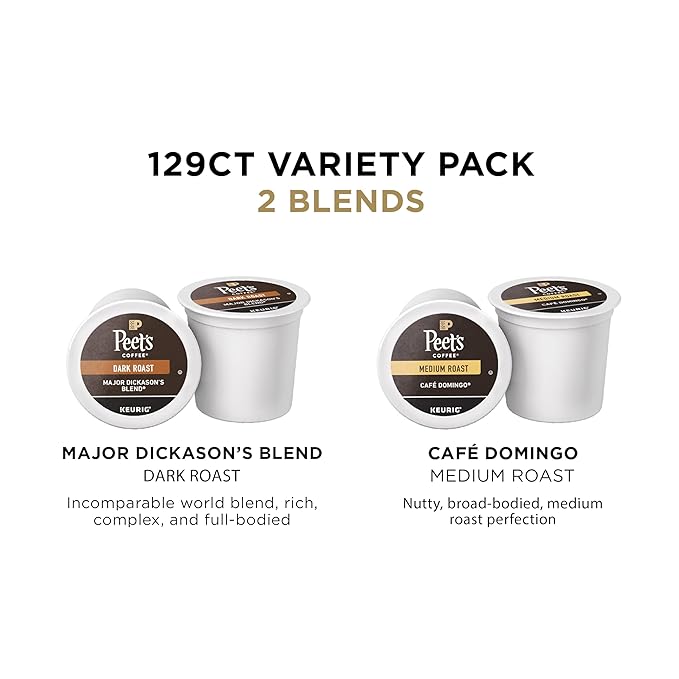 Peet's Coffee Medium and Dark Roast Keurig K-Cup Pods Bundle - Café Domingo 54 Count and Major Dickason's Blend 75 Count
