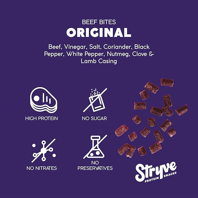 Stryve Protein Snacks - Protein Rich Beef Bites | 28g Protein Sugar Free Carbs Free Gluten Free Dairy Free Keto &amp Paleo Friendly | Original Pack Of 4
