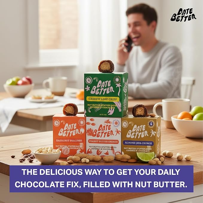Date Better Stuffed Medjool Dates Variety Pack - Dark Chocolate-Covered Dates Filled With Peanut Butter Hazelnut Cashew Lime &amp Almond Java | No Artificial Sweeteners Gluten-Free &amp Vegan (8
