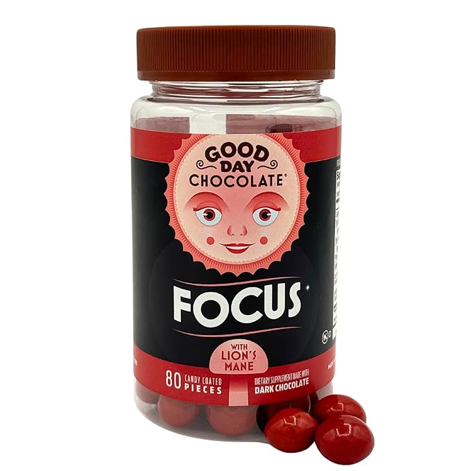 Good Day Chocolate Focus - Dark Chocolate with Lion's Mane Mushroom Nootropics &amp Brain Nutrients for Clarity Memory &amp Mental Stamina - 80 Count