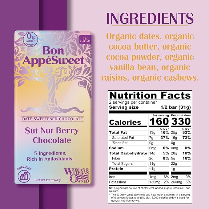 Bon Appesweet Date Sweetened Chocolate Bar - Sut Nut Berry Chocolate | 2.2 Ounce (Pack of 3) | Organic Zero Added Sugar 54% Cacao Plant Based Dairy Free and Guilt Free!