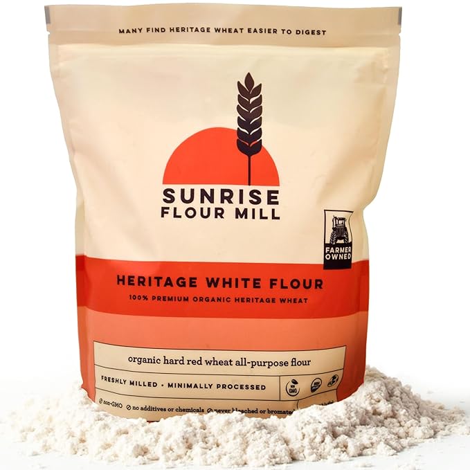 Sunrise Flour Mill Heritage Organic White Flour | USDA Organic All Purpose Flour Unbleached - Non-GMO Kosher Grown Without Glyphosate High Protein for Baking Unbromated White Wheat (80 Ounce (Pack